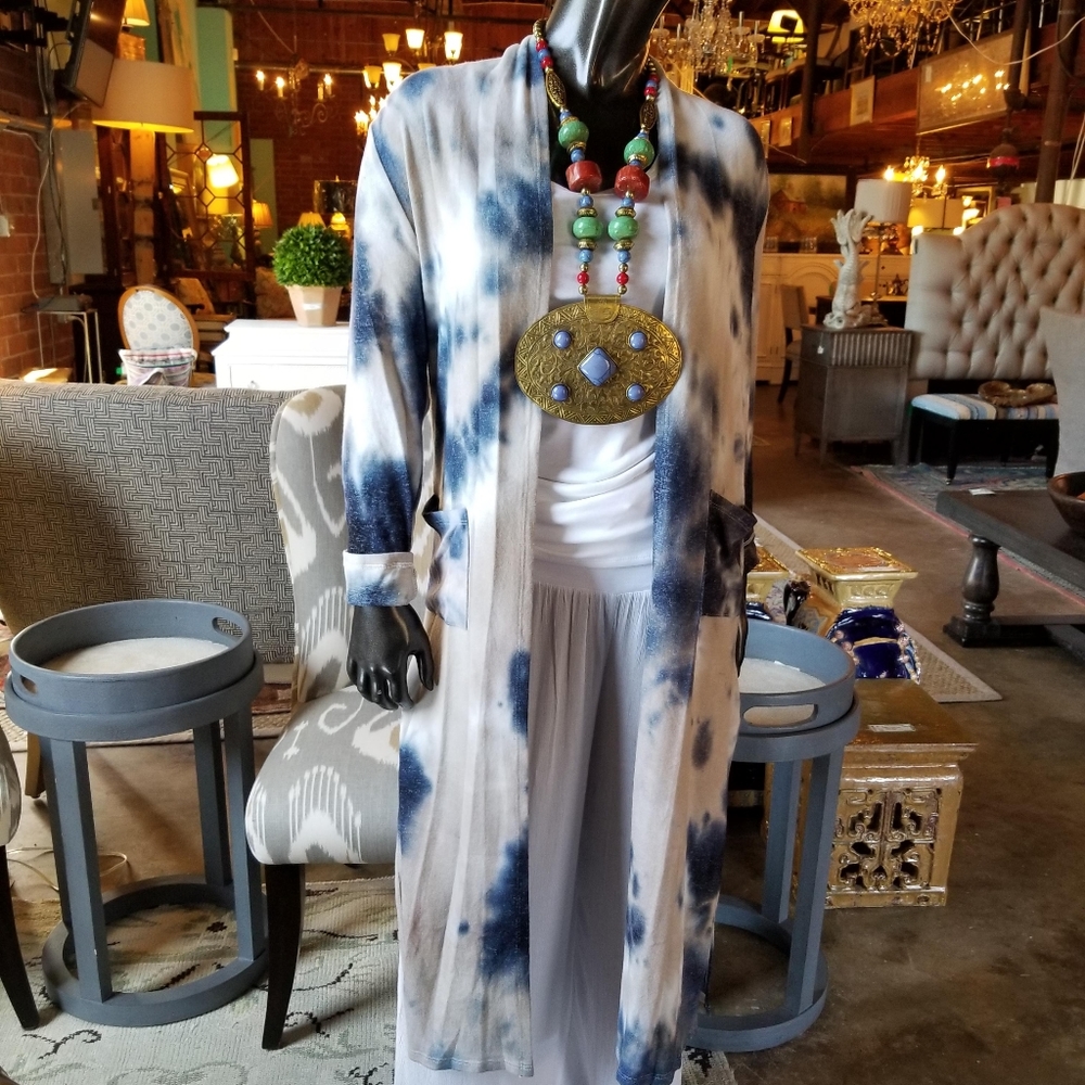 Blue Tie Dye Duster with Pockets & Side Slits - Picture 7 of 13